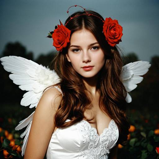 Young Woman with Cupid Wings and Red Roses