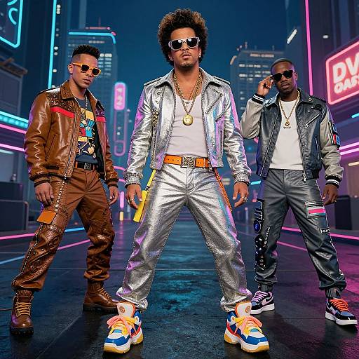 Photograph of three men in a neon-lit city street: central man in silver jumpsuit and sunglasses, flanked by men in brown and gray