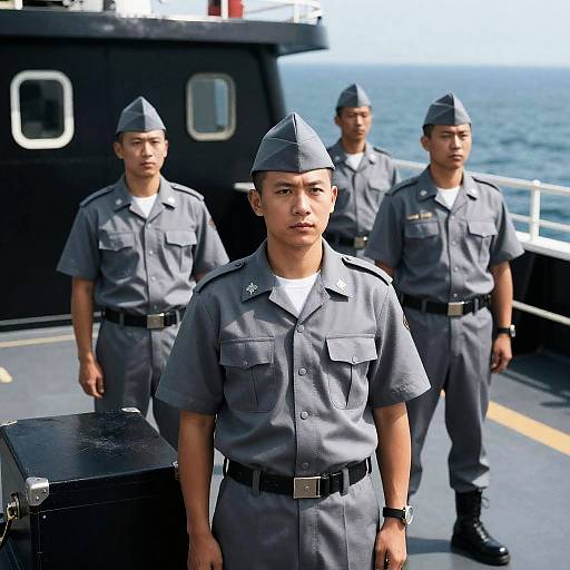 Military Men on a Black Ship at Sea