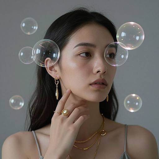 Photograph of an Asian woman with long black hair, wearing gold jewelry, gray top, and surrounded by floating transparent soap bubbles.