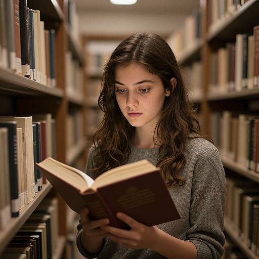 Photograph of a young woman with long brown hair, wearing a gray sweater, reading a book in a dimly lit library aisle.