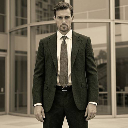 Photograph of a serious, handsome Caucasian man in a dark suit, white shirt, and patterned tie, standing in front of a modern glass building