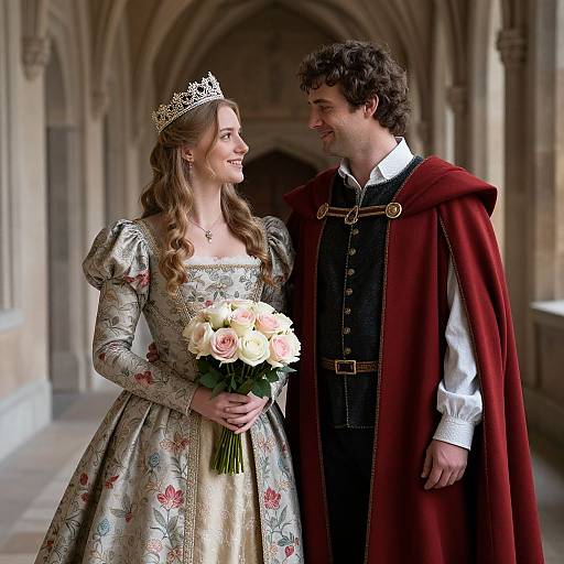Elegantly Dressed Medieval Couple in Hallway