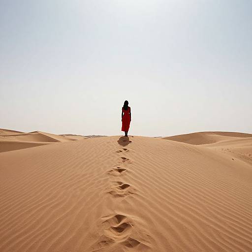 Silhouetted woman in red dress walks alone on sunlit, rippled sand dunes, leaving footprints in the bright, clear sky.