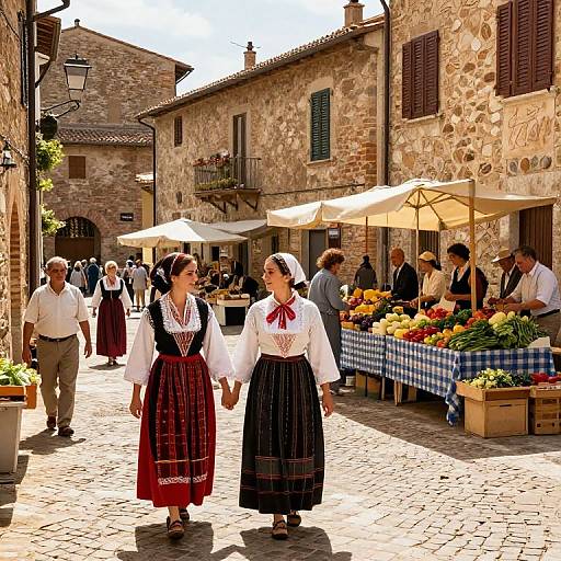 Photograph of two women in traditional Spanish peasant dresses walking through a sunlit, stone-walled market street with vendors and customers.