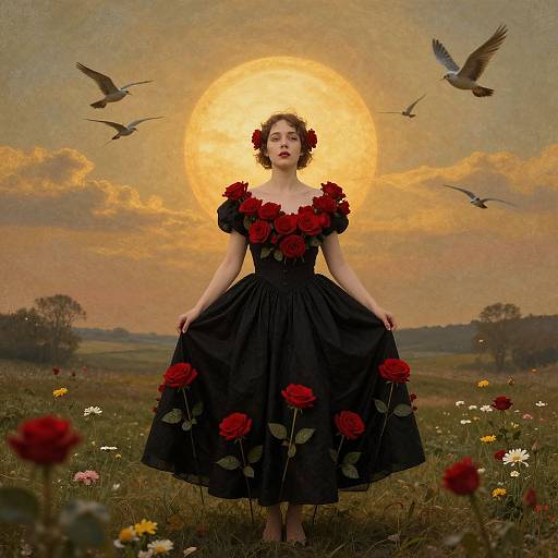 Photograph of a fair-skinned woman in a black dress with red roses, standing in a meadow at sunset, surrounded by birds. Sun halo