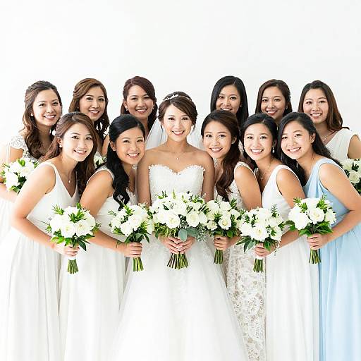 Photograph of 11 Asian women in white and light blue wedding dresses, smiling, holding white flower bouquets, standing closely together.
