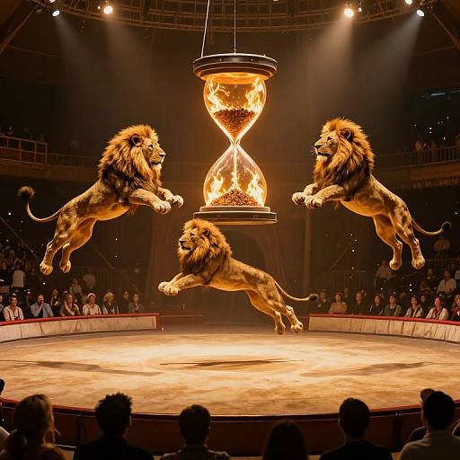 Photograph of two lion acrobats mid-leap around a glowing hourglass, under bright stage lights in a circus arena.