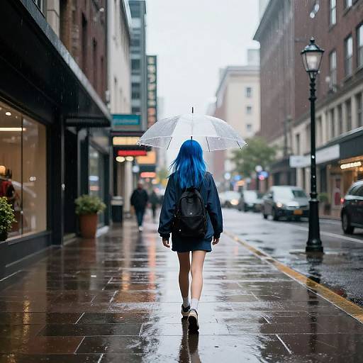 Photograph of a person with blue hair, black backpack, and white umbrella, walking alone on a rainy city street.