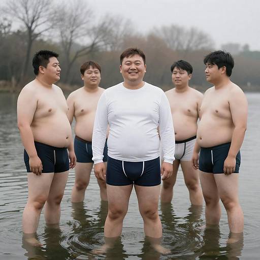 Cheerful Men in Lake Adventure