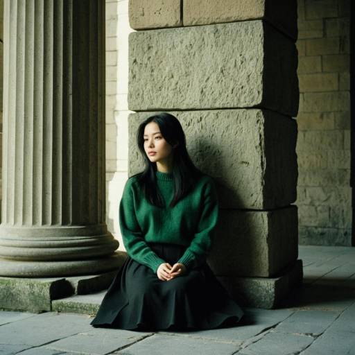 Thoughtful Woman Sitting by Stone Pillar