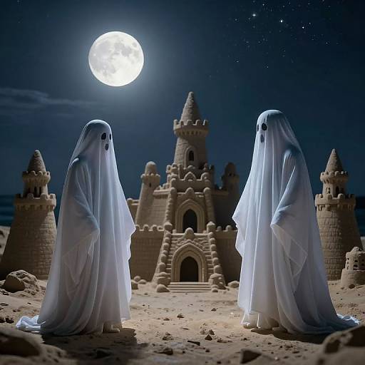 Photograph of two ghostly figures in white sheets standing before a sandcastle under a bright full moon in a starry night sky.