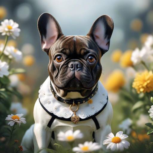 Realistic French Bulldog Among Flowers