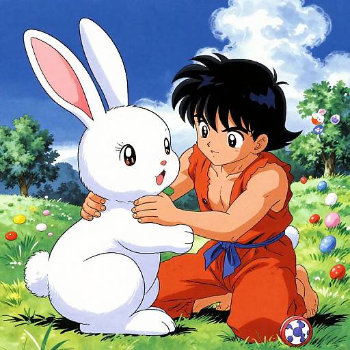 Anime-style drawing of a black-haired boy in red martial arts outfit, kneeling and hugging a white rabbit in a colorful grassy field with Easter eggs