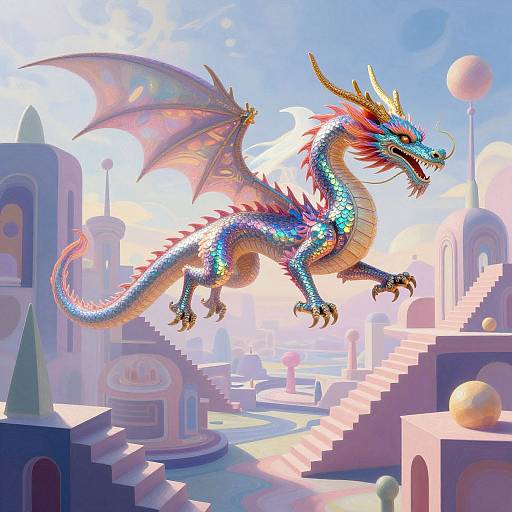 Vibrant digital illustration of a multicolored dragon with red and blue scales, wings, and horns, soaring above a pastel-colored, futuristic