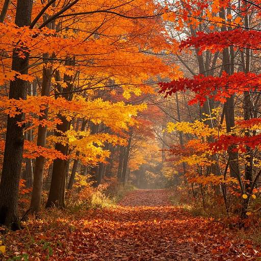 Photograph of a forest path lined with vibrant orange and red autumn leaves, with fallen leaves covering the ground, creating a warm, colorful pathway through tall