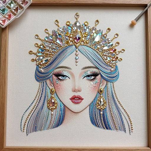 Detailed, digital drawing of a regal woman with blue hair, golden crown, and jeweled earrings, in a wooden frame, with paint palette and