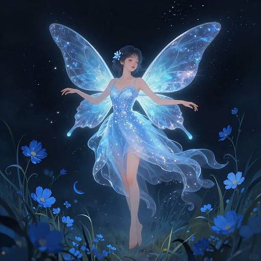 Digital art of a glowing blue fairy with translucent wings, wearing a shimmering dress, standing among blue flowers under a starry night sky.