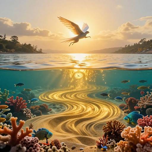 Photograph of a sunlit ocean at sunset, with a flying bird above and a colorful coral reef with wavy sand patterns below.
