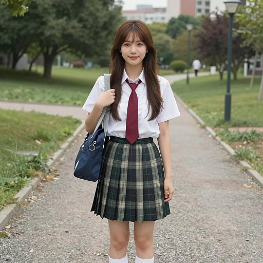 Asian Woman on Gravel Path with Bag