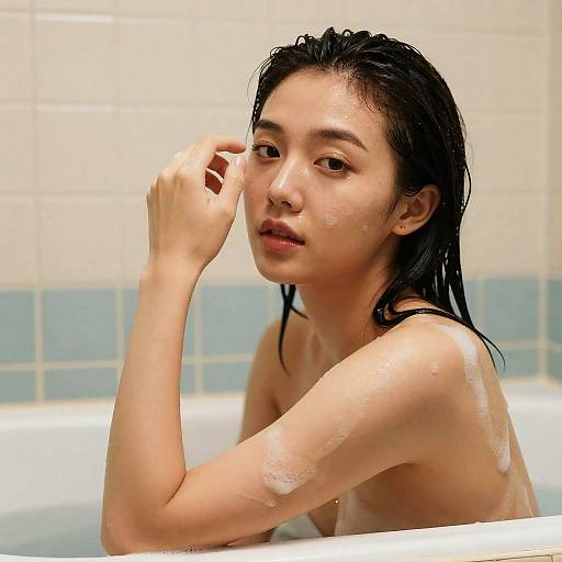 Serene Bathing Moment of Asian Woman