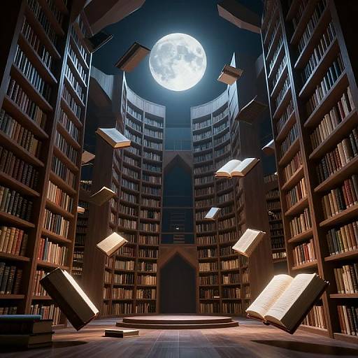Photograph of a mystical library with towering bookshelves, floating open books, and a full moon illuminating the dark, enchanted room.