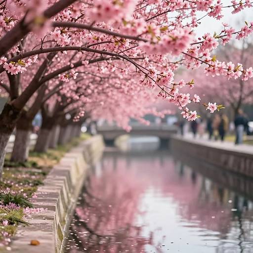 Photograph of a serene, pink cherry blossom-lined canal with reflections, stone path, blurred pedestrians, and a distant bridge.