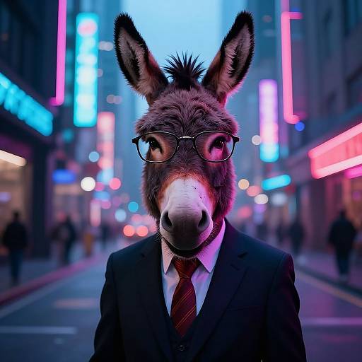 Photograph of a donkey with glasses and a suit, standing in a neon-lit, bustling city street at night.