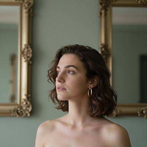 Photograph of a fair-skinned, brown-haired woman with wavy hair, wearing hoop earrings, gazing thoughtfully to the left, against a