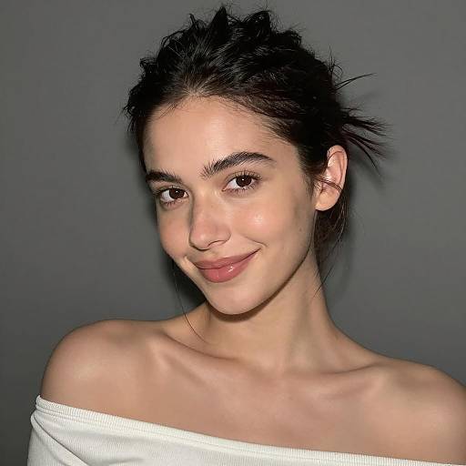 Smiling Woman in Off-Shoulder Top