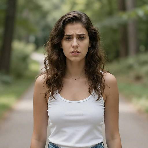 Young Woman on Sunlit Wooded Path