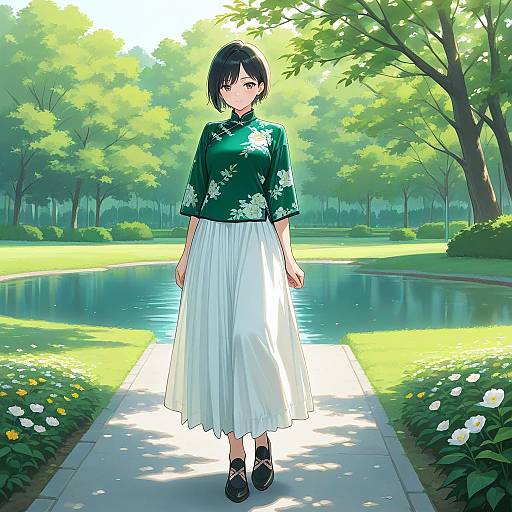 Girl in Floral Chinese Outfit Outdoors