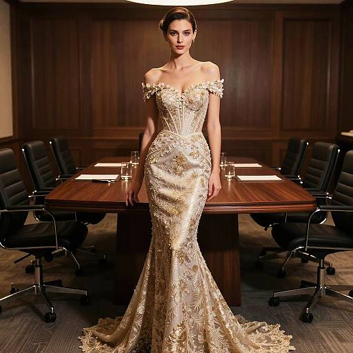 Photograph of a slender woman in an off-shoulder, golden, lace-embellished, mermaid-style gown, standing in a dim