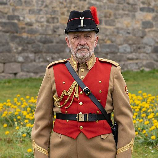 Photograph of elderly white man with gray beard, wearing red and gold military uniform, black hat with red feather, standing in front of stone wall with