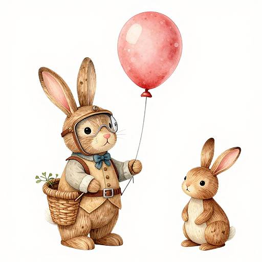 Wooden Bunny Aviator with Balloon and Baby Bunny