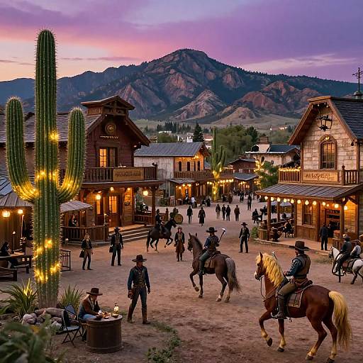 Photograph of a sunset Western town square with cacti, cowboy riders, wooden buildings, mountain backdrop, and warm outdoor lights.