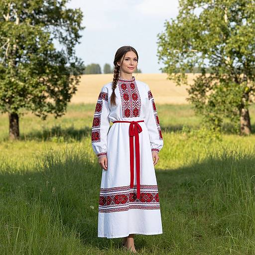 Photograph of a young woman with long brown hair in a white embroidered dress with red and white patterns, red ribbon, standing in a sunny grassy