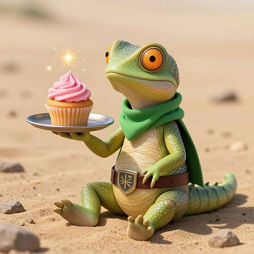 CGI image of a cute, green, cartoon gecko in a green scarf and belt, holding a pink swirled cupcake on a plate