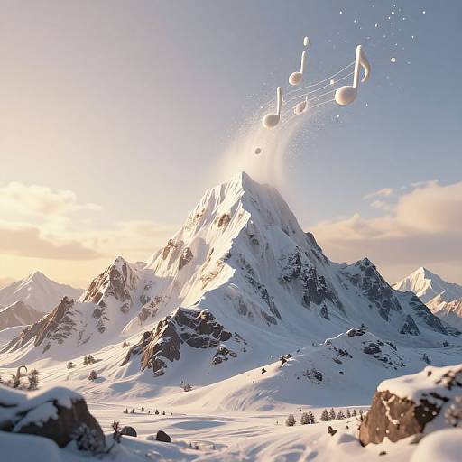 Photorealistic digital artwork of a snow-covered mountain range at sunrise, with floating musical notes and notes trails in the sky.