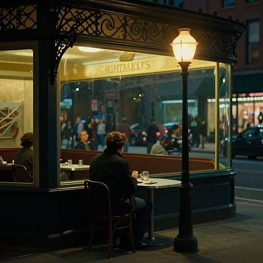 Photograph of a dimly lit, vintage café at night with a single patron seated outside, illuminated by a street lamp, watching bustling pedestrians through the