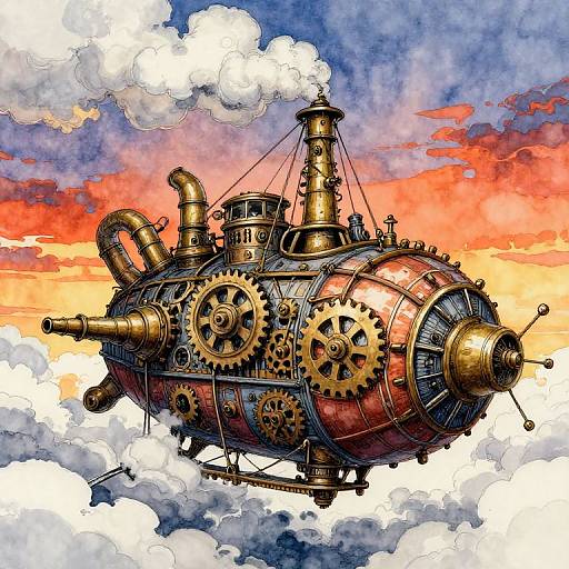 Steampunk airship with brass gears, copper pipes, and large propellers soaring above fluffy clouds against a vibrant sunset sky. Digital art.