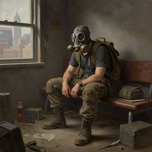 Photograph-style digital art: Muscular man in gas mask, camouflage pants, boots, black shirt, and backpack, sits on wooden bench in dim