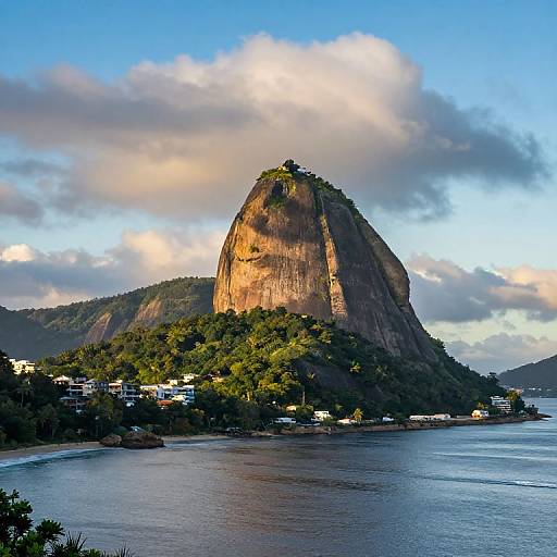 Photograph of Sugarloaf Mountain in Rio de Janeiro, Brazil, at sunset. The mountain's steep, rocky peak is illuminated by golden sunlight,
