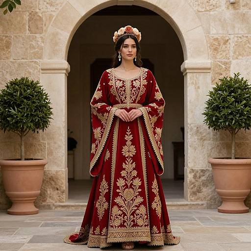 Photograph of a beautiful woman in a luxurious, deep red, gold-embroidered traditional gown, standing in front of a stone archway with