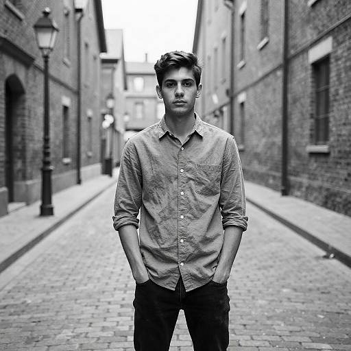 Young Man on Cobblestone Street