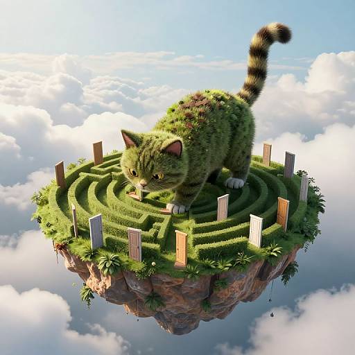 Digital illustration of a green, striped cat with a bushy tail navigating a maze on a floating grassy island amidst fluffy clouds.