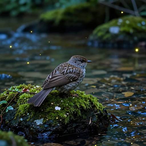 Photograph of a small, brown and white striped bird perched on a moss-covered rock by a dark, sparkling stream.