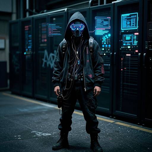Cyberpunk street scene: Person in hooded jacket, glowing blue visor, earphones, black cargo pants, standing before neon-lit server
