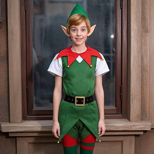 Photograph of a young boy with pointed ears, wearing a green elf costume with red and white accents, standing in front of a wooden window.