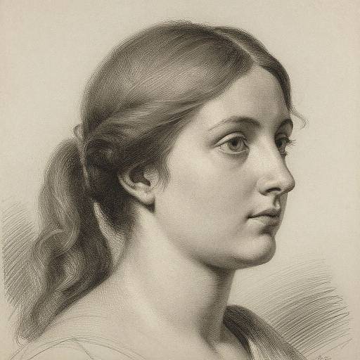 Black-and-white pencil drawing of a young woman with wavy hair in a ponytail, side profile, delicate features, and neutral expression.